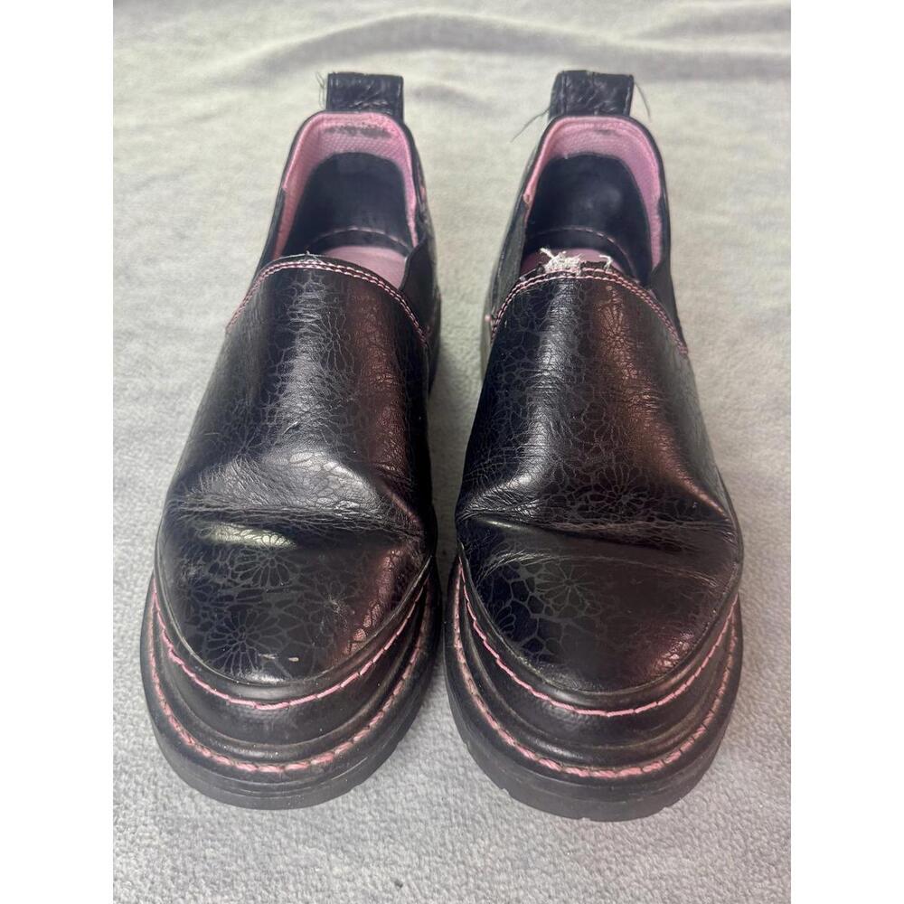 black slip‎ on work shoes oil resistant chunky sole pink stitch y2k gorpcore